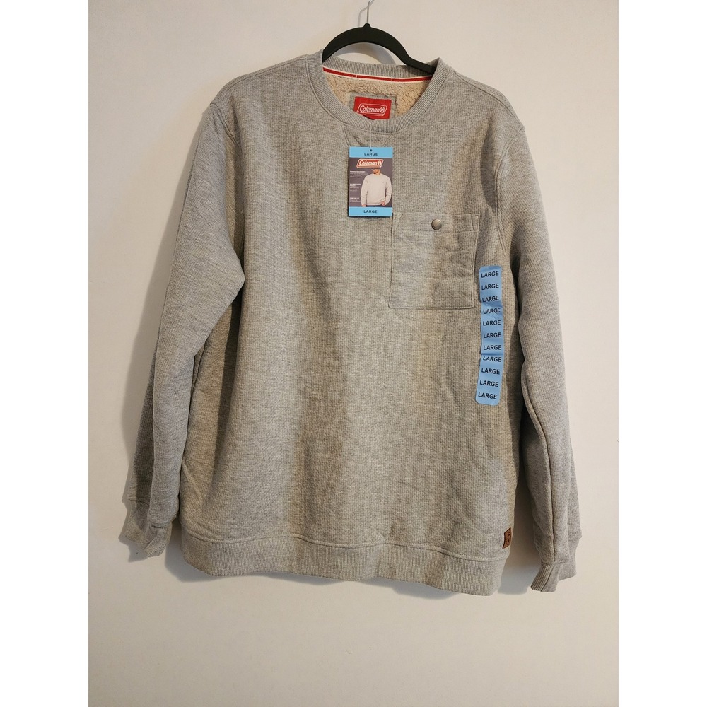 Coleman Mens Waffle Knit Sherpa Lined Sweatshirt Gray Crewneck Pocket Large NWT